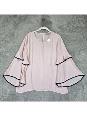 LOFT Outlet Blouse Womens M Pink Long Bell Sleeve Ruffle Scoop Neck Chiffon Top